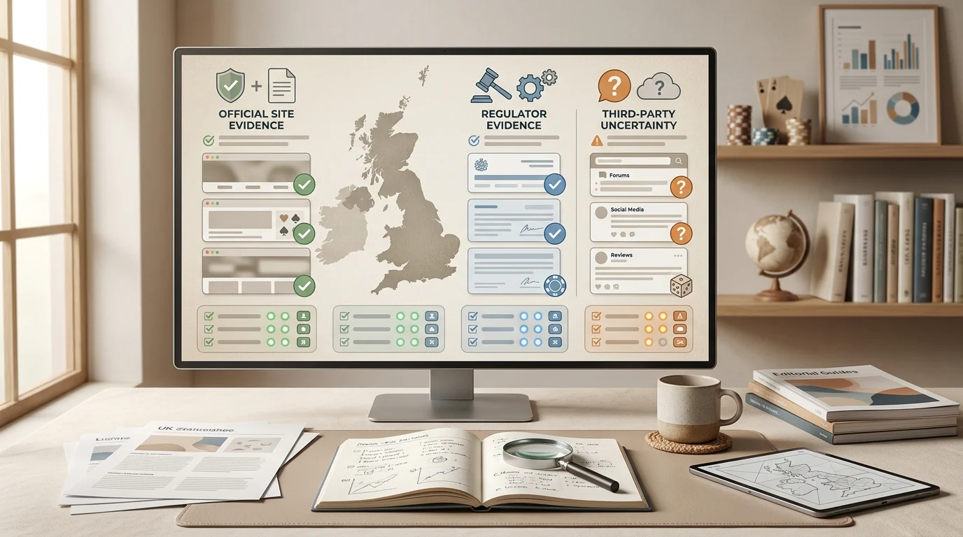 Neutral UK casino status dashboard with evidence cards and checklist icons